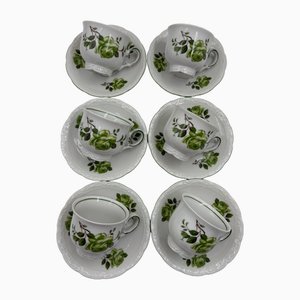 Mocha Set in Green Rose Decor from Mitterteich Bavaria, 1980s, Set of 12