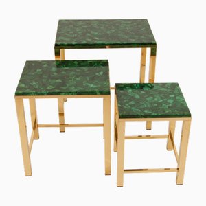 Mid-Century Modern Nesting Tables in Malachite and Gold Gilt Brass, 1970s, Set of 3