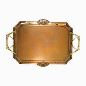 Antique Art Nouveau Embossed Brass Tray with Openwork Handles