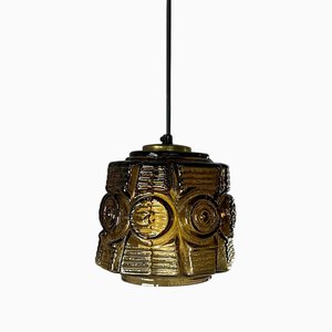 Lampada a sospensione in vetro marrone e ottone di Vitrika