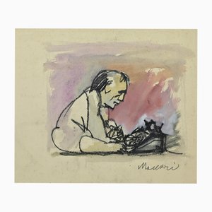 Mino Maccari, The Telephone, Charcoal and Watercolor