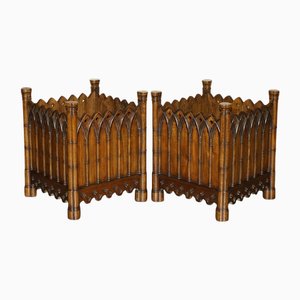Large Gothic Revival Hand Carved Wooden Planters, Set of 2