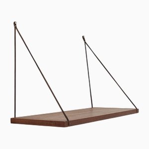 Teak Veneer and Leather Wall Shelf