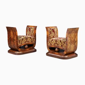 Italian Art Deco Walnut Burl Stools with Original Velvet, 1930s, Set of 2