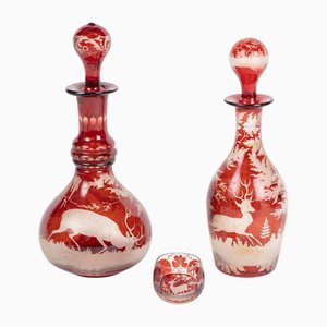 Engraved Bohemian Crystal Oil and Vinegar Set with Small Salt Shaker, Set of 3