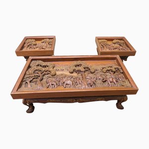 Art Deco Teak Coffee Tables with Carved with Elephants, 1920, Set of 3