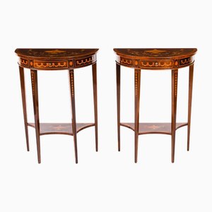 Antique Marquetry Demi Lune Console Tables from Edwards & Roberts, 19th Century, Set of 2