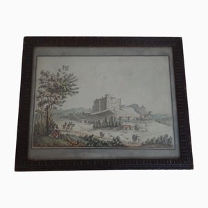 Romantische Szene mit Landschaft, 1700er, Aquarell auf Papier, gerahmt