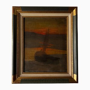 Jean-Yves Couliou, Boot bei Sonnenuntergang, Öl auf Leinwand, Gerahmt