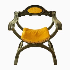 Vintage Savonarola Chair in Dark Wood with Mustard Velvet Upholstered Seat and Backrest