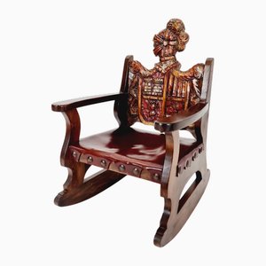 Antique Spanish Hand-Carved Wood Rocking Armchair, 1900s
