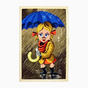 Großer Vintage Wandteppich mit Cartoon Mädchen im Rahmen, 1970er