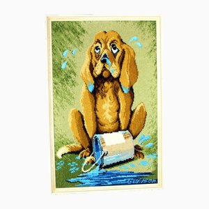 Großer Vintage Wandteppich mit Cartoon Hund im Rahmen, 1970er