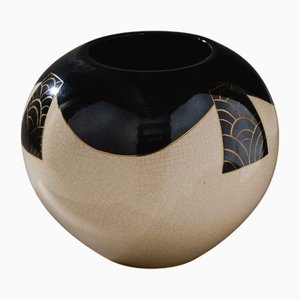 Crackled Ceramic and Black Lacquer Ball Vase from L. Durand, 1930s