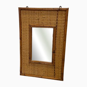 Espejo vintage rectangular de ratán, años 70