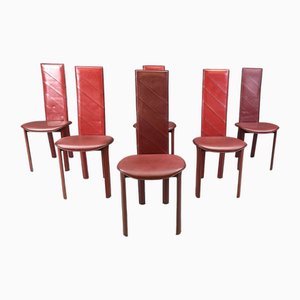 Vintage Italian High Back Dining Chairs in Red Leather, 1980s, Set of 6