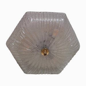 Lampada da soffitto vintage con paralume esagonale in vetro ghiaccio, Italia, anni '70