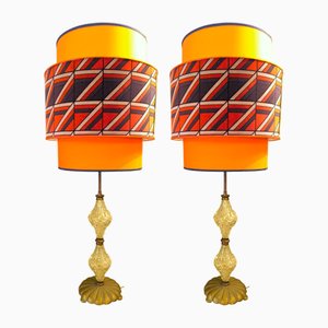 Messing Lampen mit Kristallen und Lampenschirm, 1950er, 2er Set