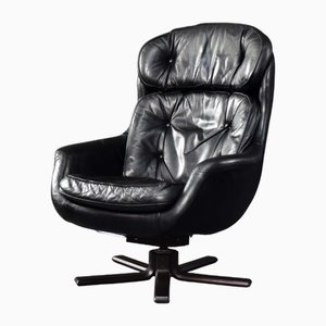 Fauteuil Pivotant Scandinave Mid-Century en Cuir Noir, 1970s
