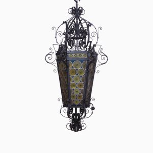 Antique Wrought Iron Lantern with Bulls-Eye Glass, 1850s