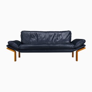 Danish Teak and Navy Blue Leather 3-Seater Sofa from Komfort, 1970s