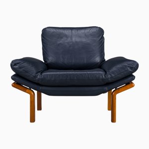 Danish Teak and Navy Blue Leather Lounge Chair from Komfort, 1970s
