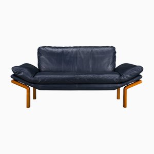 Danish Teak and Navy Blue Leather 2-Seater Sofa from Komfort, 1970s