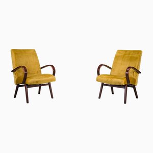 Model 53 Armchairs in Mustard Velvet attributed to Jaroslav Smidek for Ton, 1960s, Set of 2