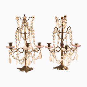 Antique French Girandoles in Fire-Gilt Brass and Lead Crystal, 1900s, Set of 2