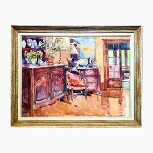 Auguste Drouot, Provencale French Interior View, 1920s, Watercolor, Framed