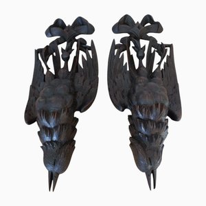 Antique Black Forest Wall Ornaments in Hand-Carved Walnut, 19th Century, Set of 2