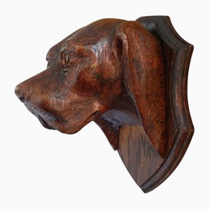 Black Forest Hand-Carved Dog Head Plaque in Wood, 1890s