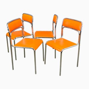 Chrome and Orange Imitation Leather Chairs, 1970s, Set of 4