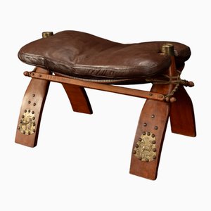 Vintage Egyptian Camel Stool in Leather and Brass, 1950s