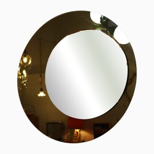 Round Mirror with Off-Center Circles and Smoked Base attributed to Fontana Arte, 1970s