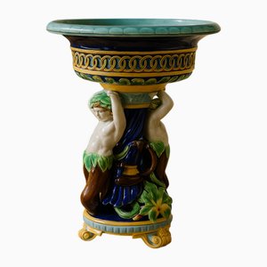 Vaso o centrotavola in maiolica con putti e rane, XIX secolo