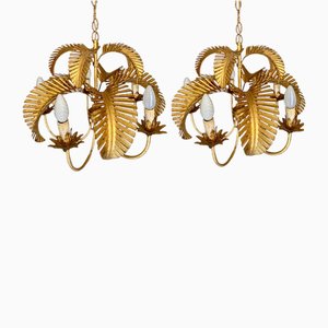 Lustres en Palmier Doré à 5 Ampoules attribués à Maison Jansen, France, 1970s, Set de 2