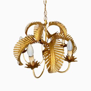 Lustre à 5 Ampoules Palmier Doré attribué à Maison Jansen, France, 1970s