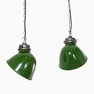Green Enamelled Cast Top Pendant Lamps from GEC, 1940s, Set of 2