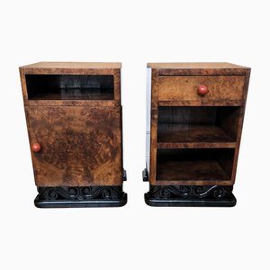Italian Art Deco Nightstands in Burl Walnut, 1940s, Set of 2