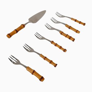 Vintage Dessert Set with Cake Server in Stainless Steel and Bamboo Handles, 1950s, Set of 7