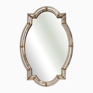 Specchio grande vintage in stile veneziano in ottone e mosaico, anni '50