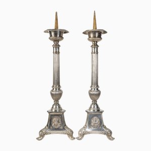 French Silver-Plated Altar Candlesticks, Set of 2