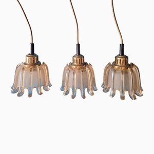 Lampes à Suspension Mid-Century en Laiton et Verre Ambré de Doria, Set de 3
