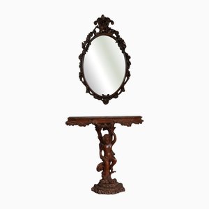 Console et Miroir Chérubins Baroques en Bois Sculpté, 1950s, Set de 2