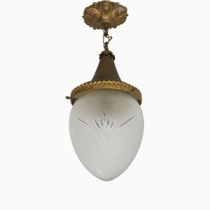 Antique French Gilded Brass Hall Lantern with Etched Frosted Glass Shade, 1890s