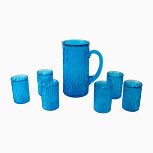 Juego de jarra Ivima vintage de vidrio azul y seis vasos, años 70. Juego de 7