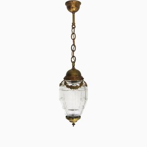 Lampada a sospensione Art Déco vintage con paralume in ottone dorato e vetro inciso, Francia, anni '20