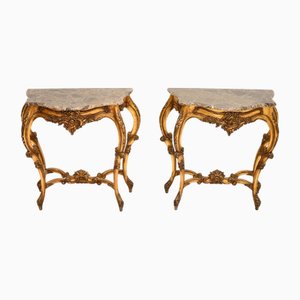 Tables Console Vintage en Bois Doré avec Plateau en Marbre, 1950, Set de 2