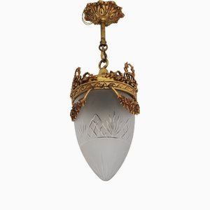 Mid-Century Modern French Gilded Brass Hall Lantern with Etched Frosted Glass Shade, 1950